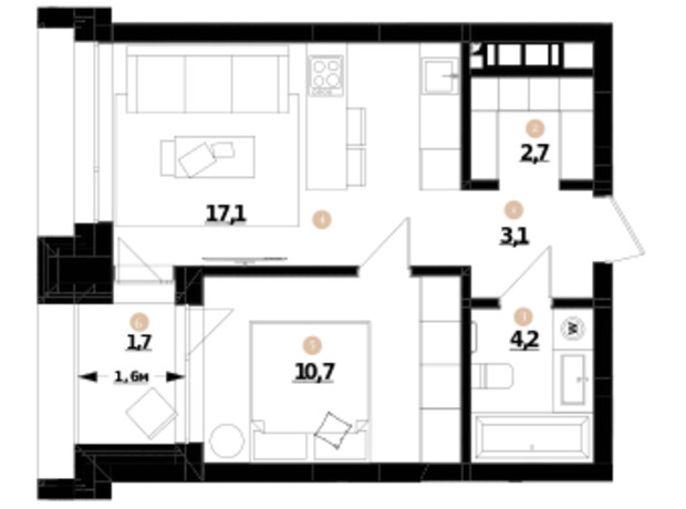 ЖК Doma Trabotti: планування 1-кімнатної квартири 39.5 м²