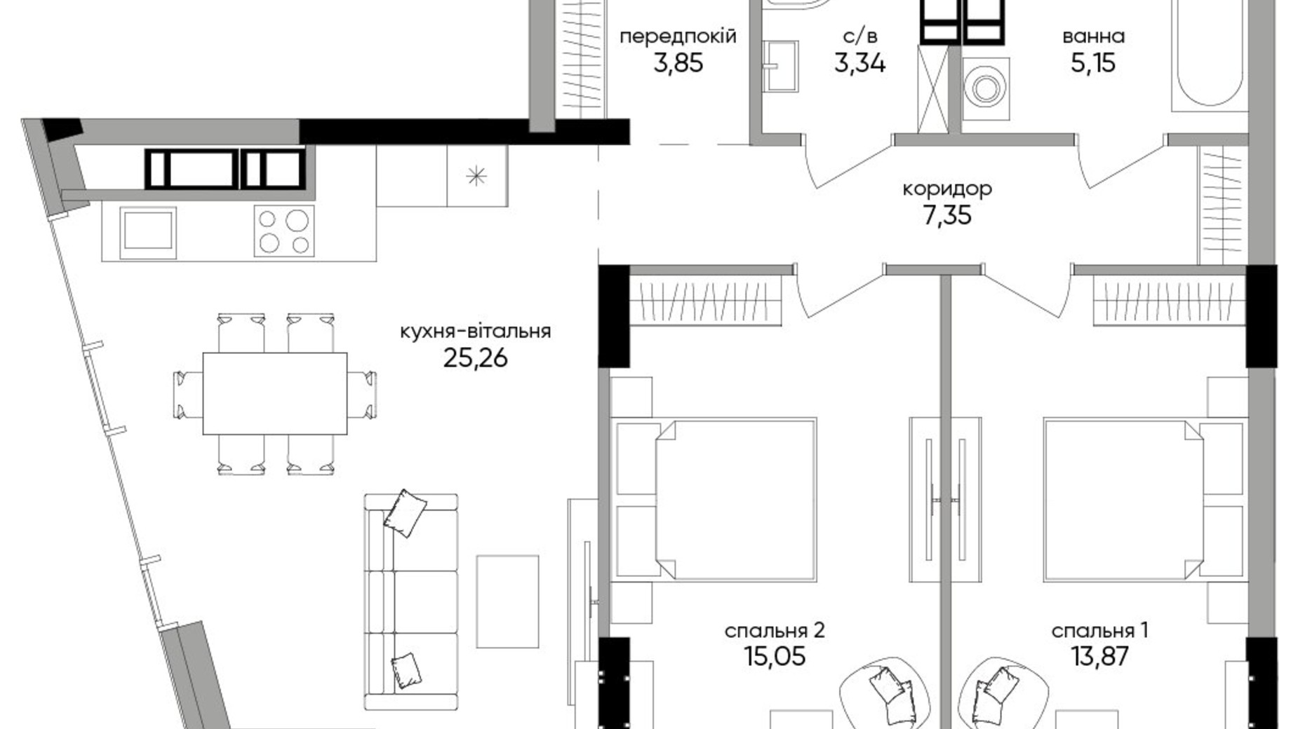 Планування 2-кімнатної квартири в ЖК Метрополіс 73.48 м², фото 356300