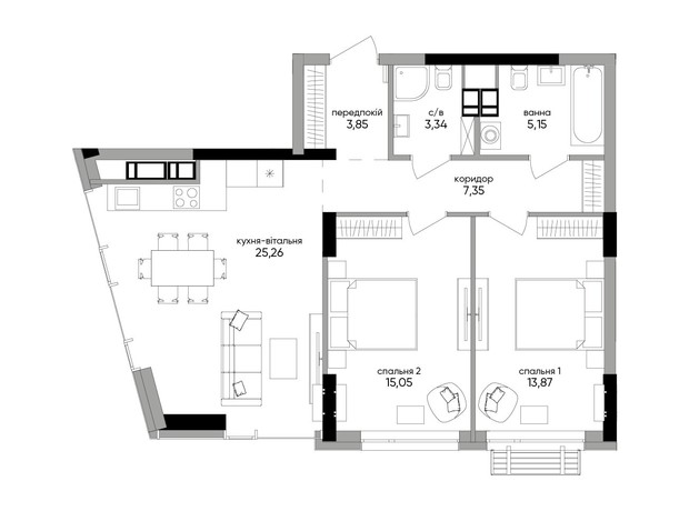 ЖК Метрополіс: планування 2-кімнатної квартири 73.48 м²