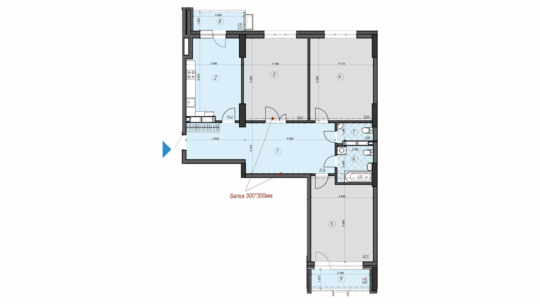 Планировка 3-комнатной квартиры в ЖК Crystal Residence 124.14 м², фото 356318