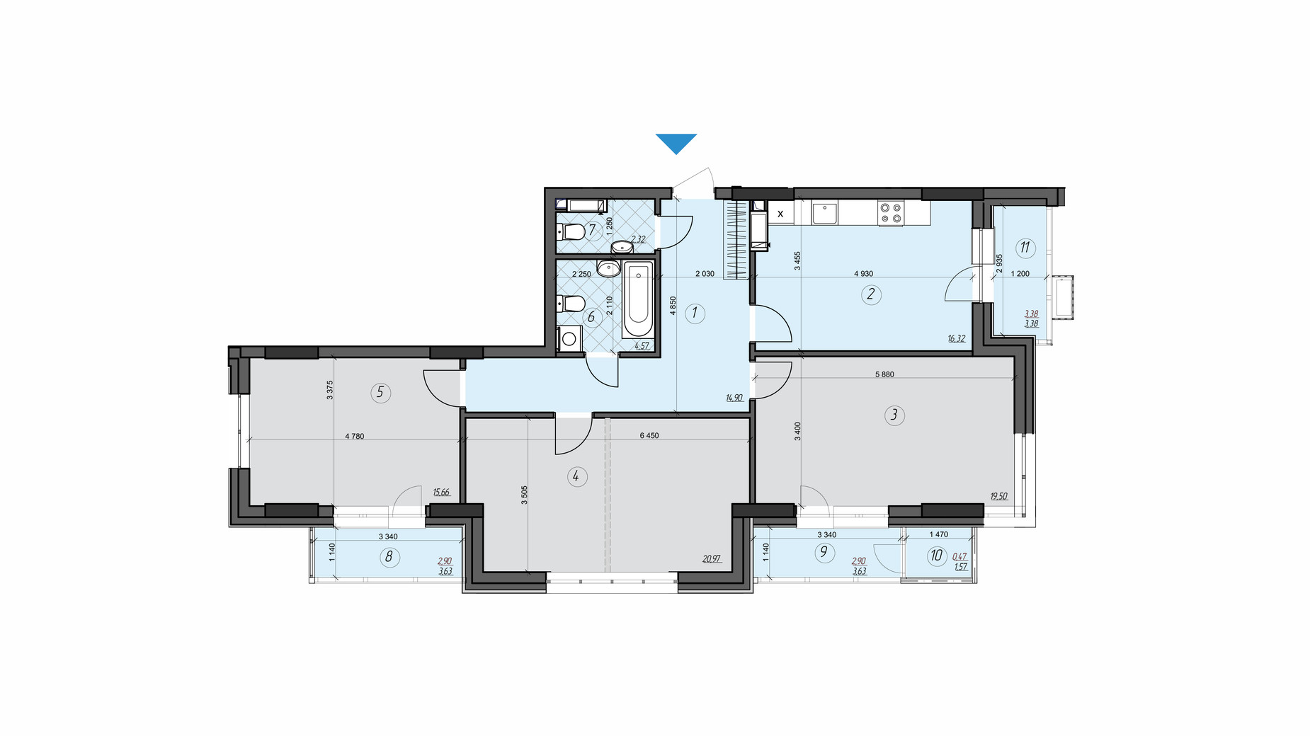 Планировка 3-комнатной квартиры в ЖК Crystal Residence 124.47 м², фото 356319