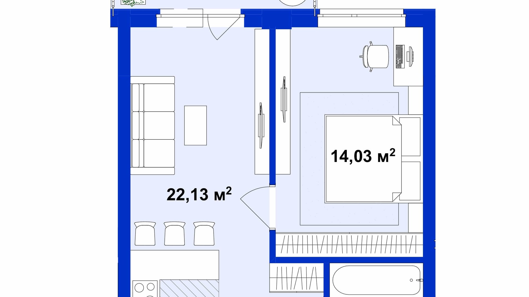 Планування 1-кімнатної квартири в ЖК Utlandia 2 43.41 м², фото 356320