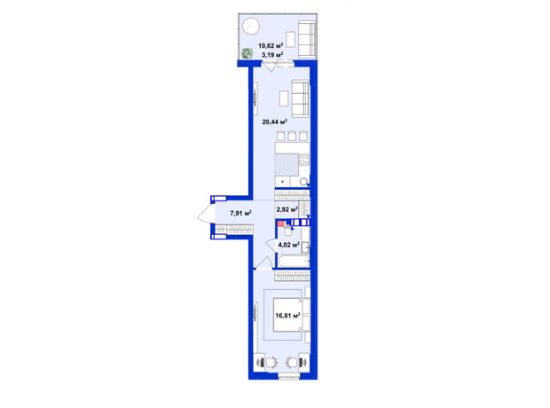 ЖК Ютландія 2: планування 1-кімнатної квартири 57.69 м²