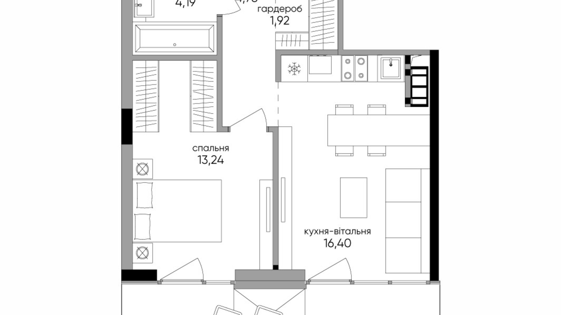 Планування 1-кімнатної квартири в ЖК Park Lake City Aqua 44.06 м², фото 356349