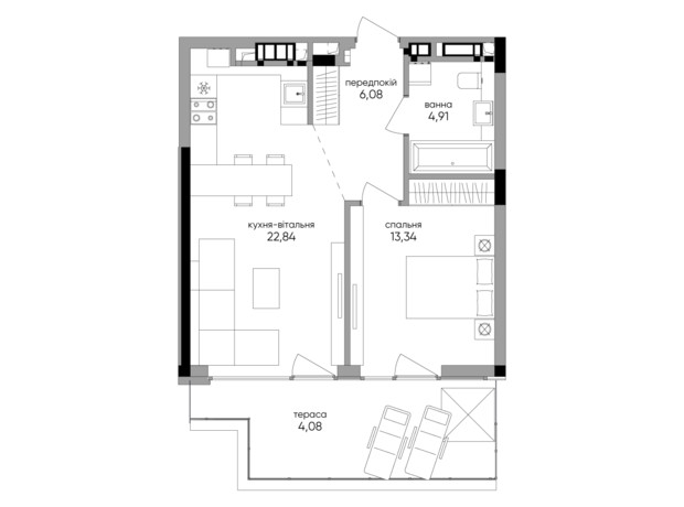 ЖК Park Lake City Aqua: планировка 1-комнатной квартиры 51.53 м²