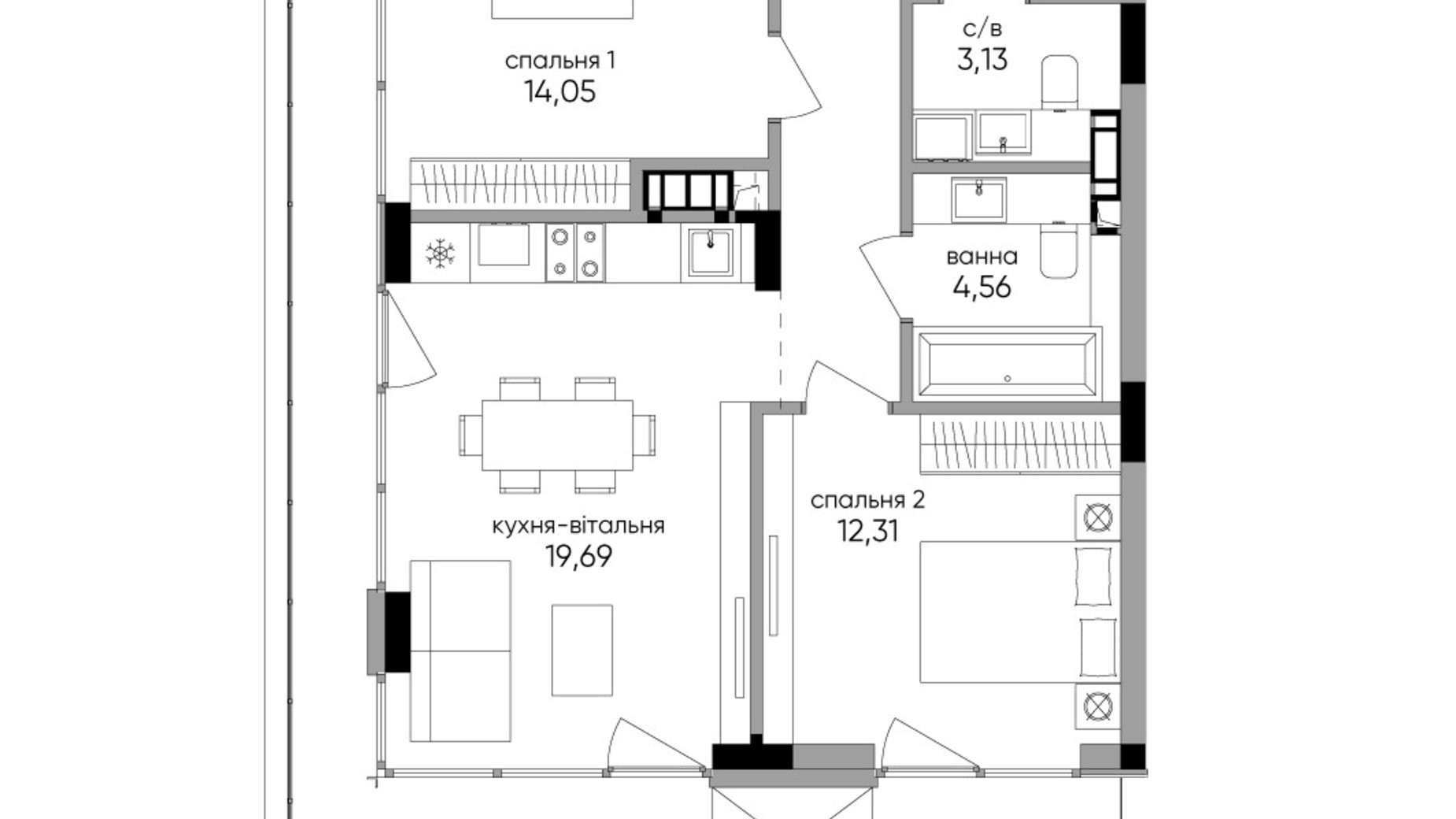 Планировка 2-комнатной квартиры в ЖК Park Lake City Aqua 71.48 м², фото 356362