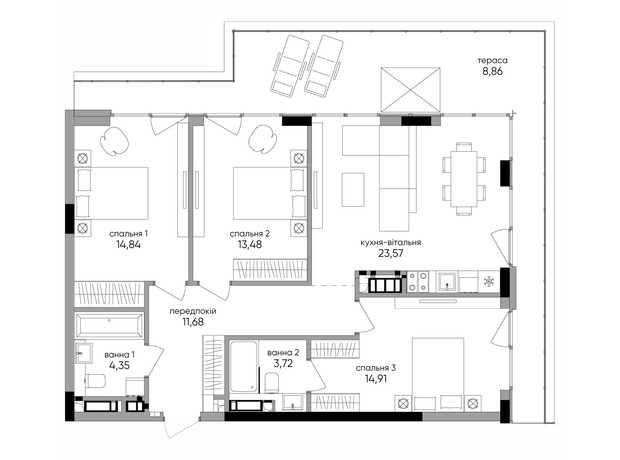 ЖК Park Lake City Aqua: планировка 3-комнатной квартиры 95.11 м²