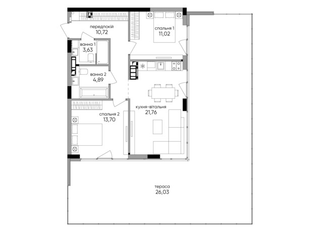 ЖК Park Lake City Aqua: планування 2-кімнатної квартири 89.79 м²