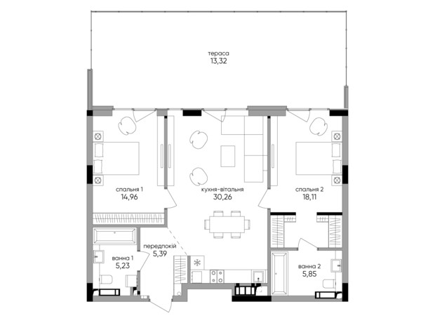 ЖК Park Lake City Aqua: планировка 2-комнатной квартиры 92.07 м²