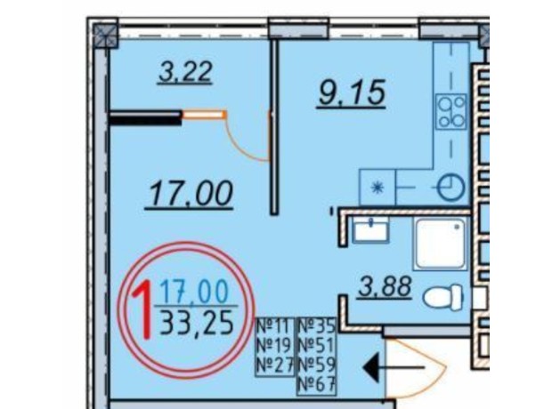 ЖК ул. Ушакова, 72: планировка 1-комнатной квартиры 33.25 м²