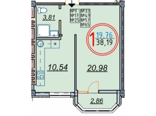 ЖК вул. Ушакова, 72: планування 1-кімнатної квартири 38.19 м²