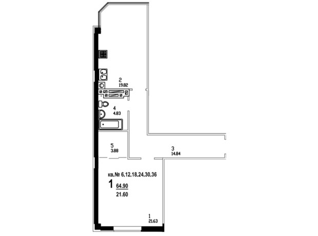 ЖК пер. Садовый: планировка 1-комнатной квартиры 64.9 м²