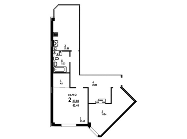ЖК пров. Садовий: планування 2-кімнатної квартири 89.8 м²