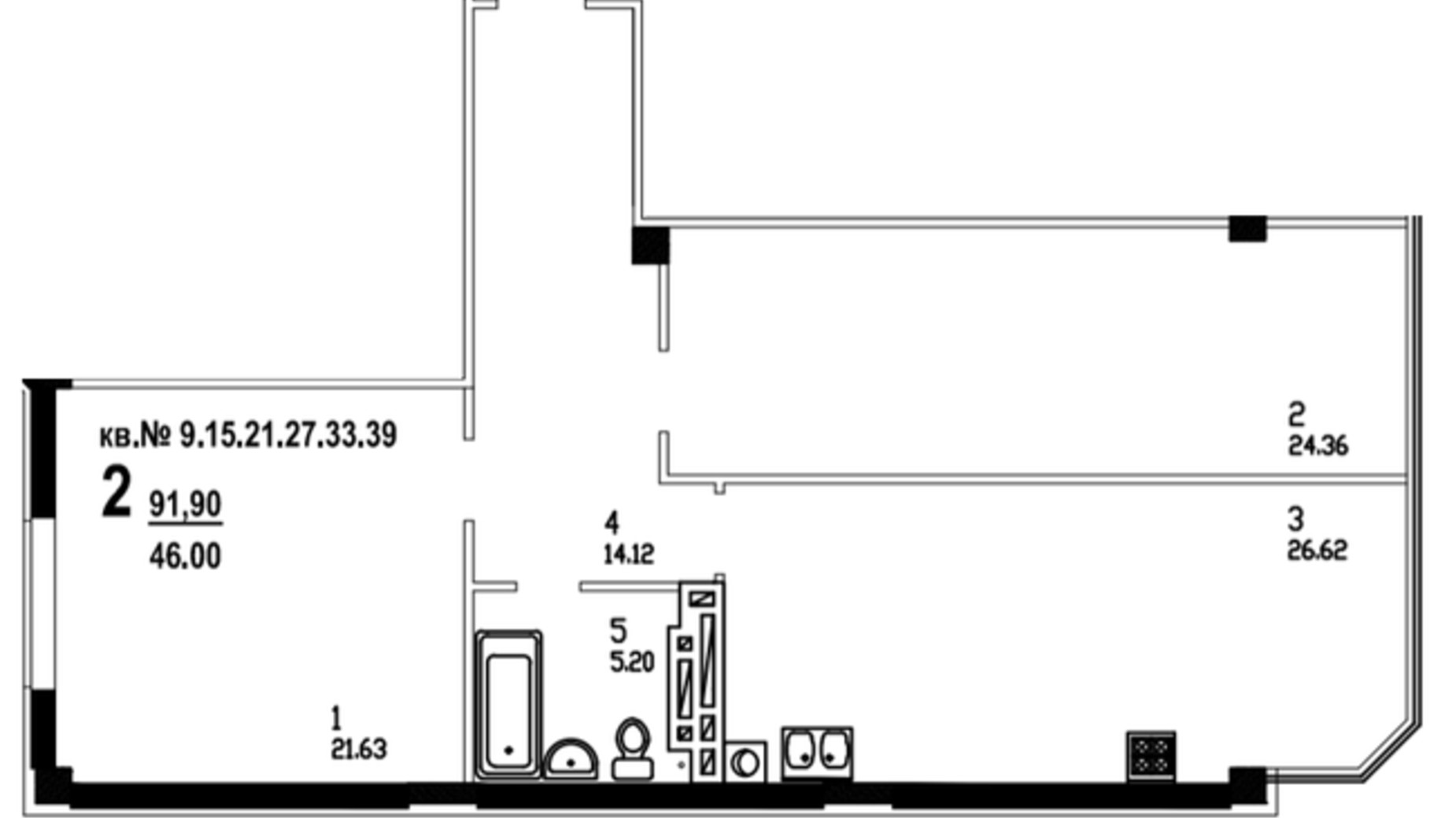 Планування 2-кімнатної квартири в ЖК пров. Садовий 91.9 м², фото 356566