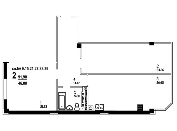 ЖК пров. Садовий: планування 2-кімнатної квартири 91.9 м²