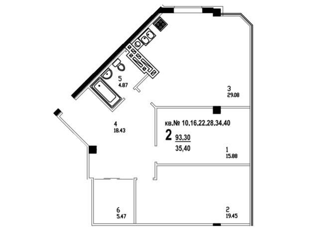 ЖК пров. Садовий: планування 2-кімнатної квартири 93.3 м²