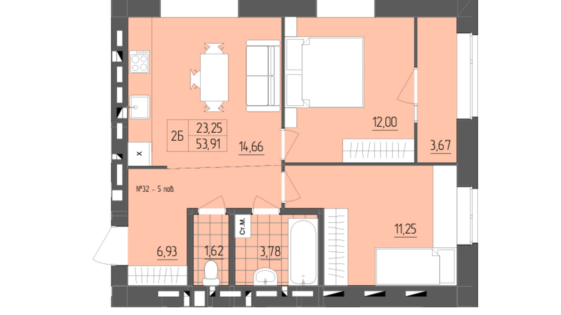 Планировка 2-комнатной квартиры в ЖК ZigZag 53.91 м², фото 356916