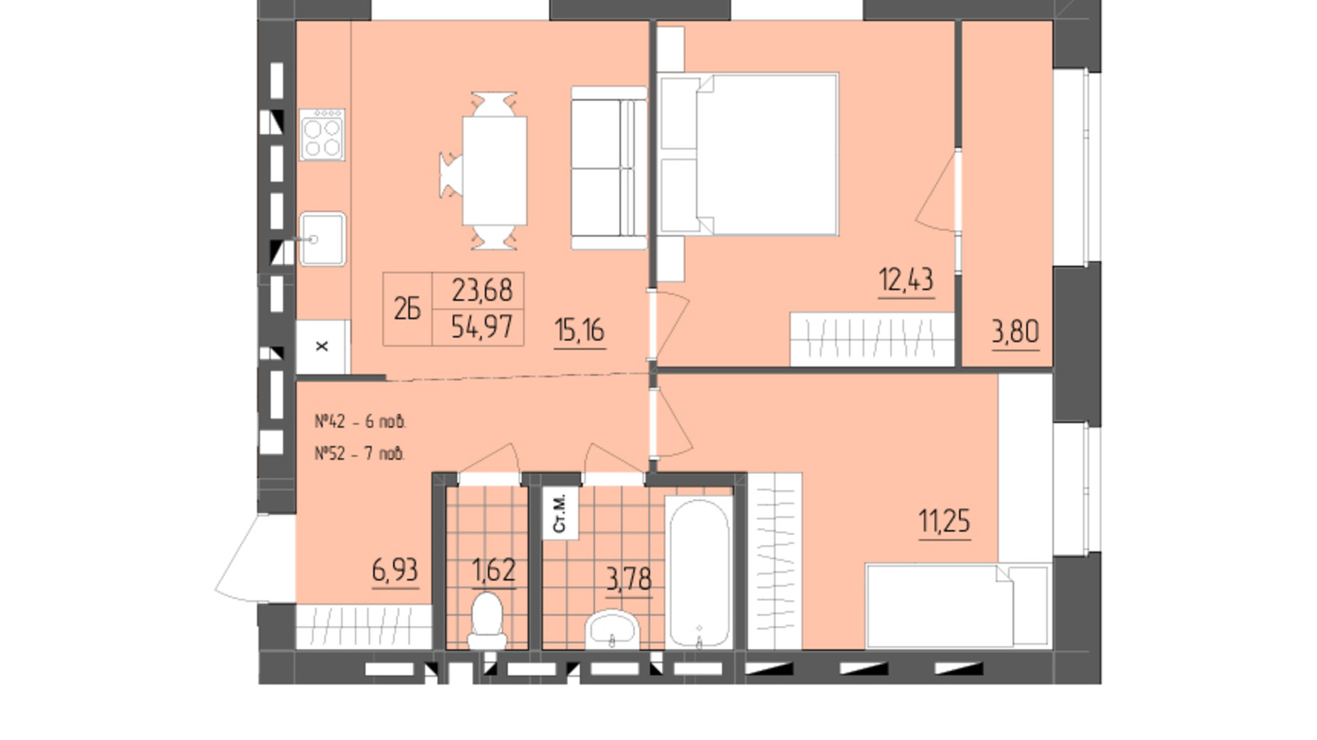 Планировка 2-комнатной квартиры в ЖК ZigZag 54.97 м², фото 356925