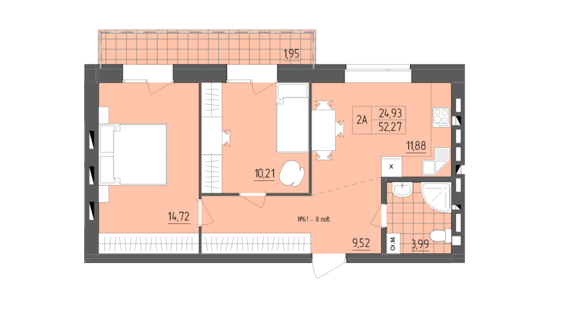 Планировка 2-комнатной квартиры в ЖК ZigZag 52.27 м², фото 356932