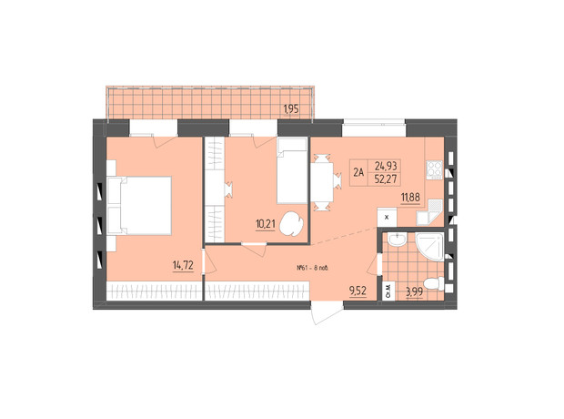 ЖК ZigZag: планировка 2-комнатной квартиры 52.27 м²