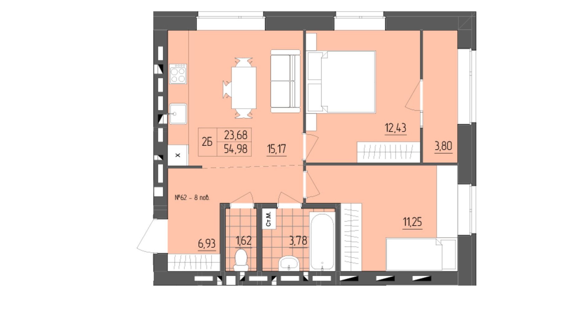 Планировка 2-комнатной квартиры в ЖК ZigZag 54.98 м², фото 356933