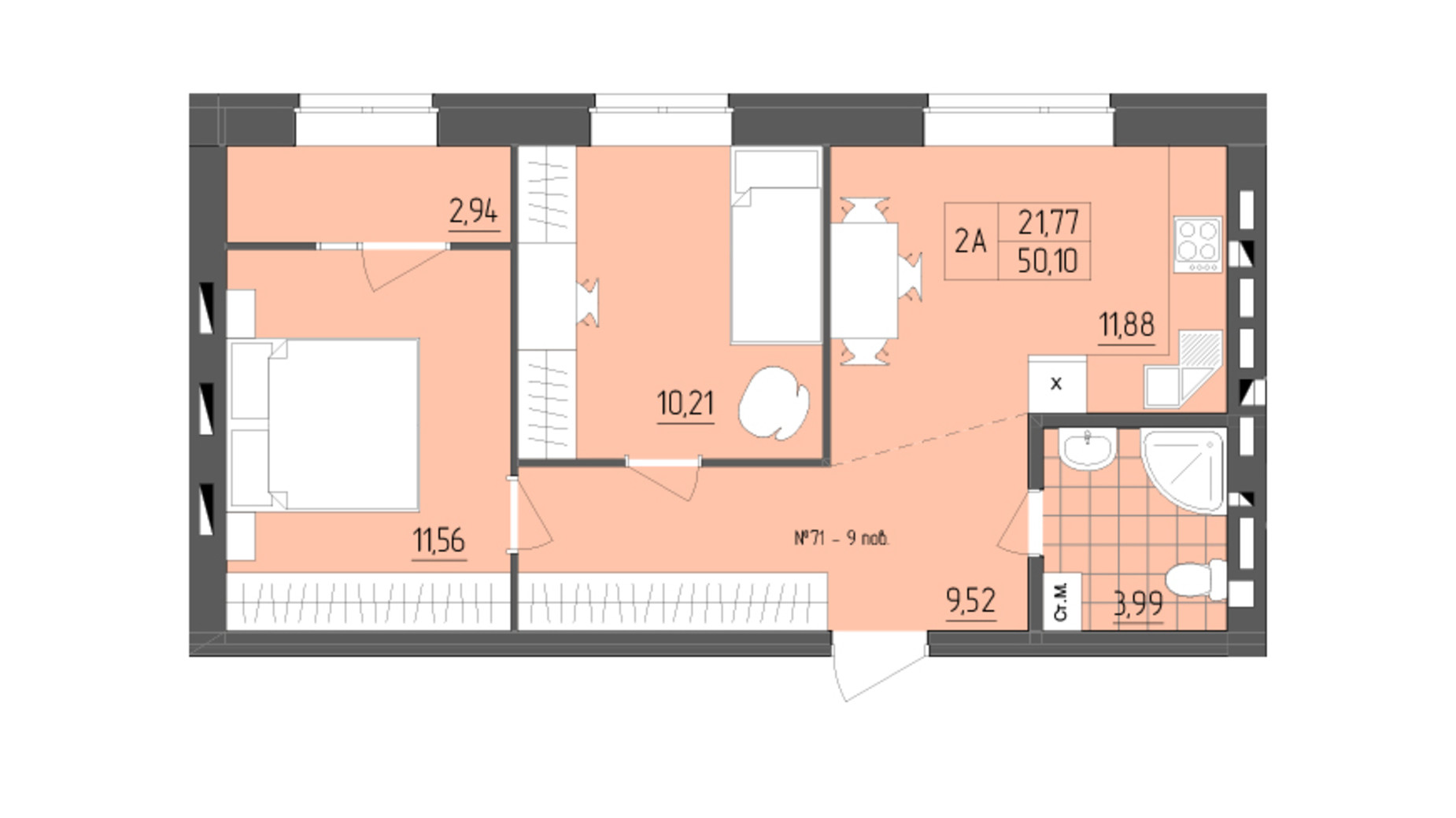 Планировка 2-комнатной квартиры в ЖК ZigZag 50.1 м², фото 356940