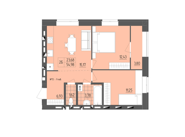 ЖК ZigZag: планировка 2-комнатной квартиры 54.98 м²