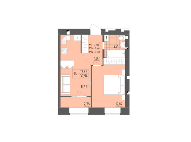 ЖК ZigZag: планировка 1-комнатной квартиры 37.94 м²