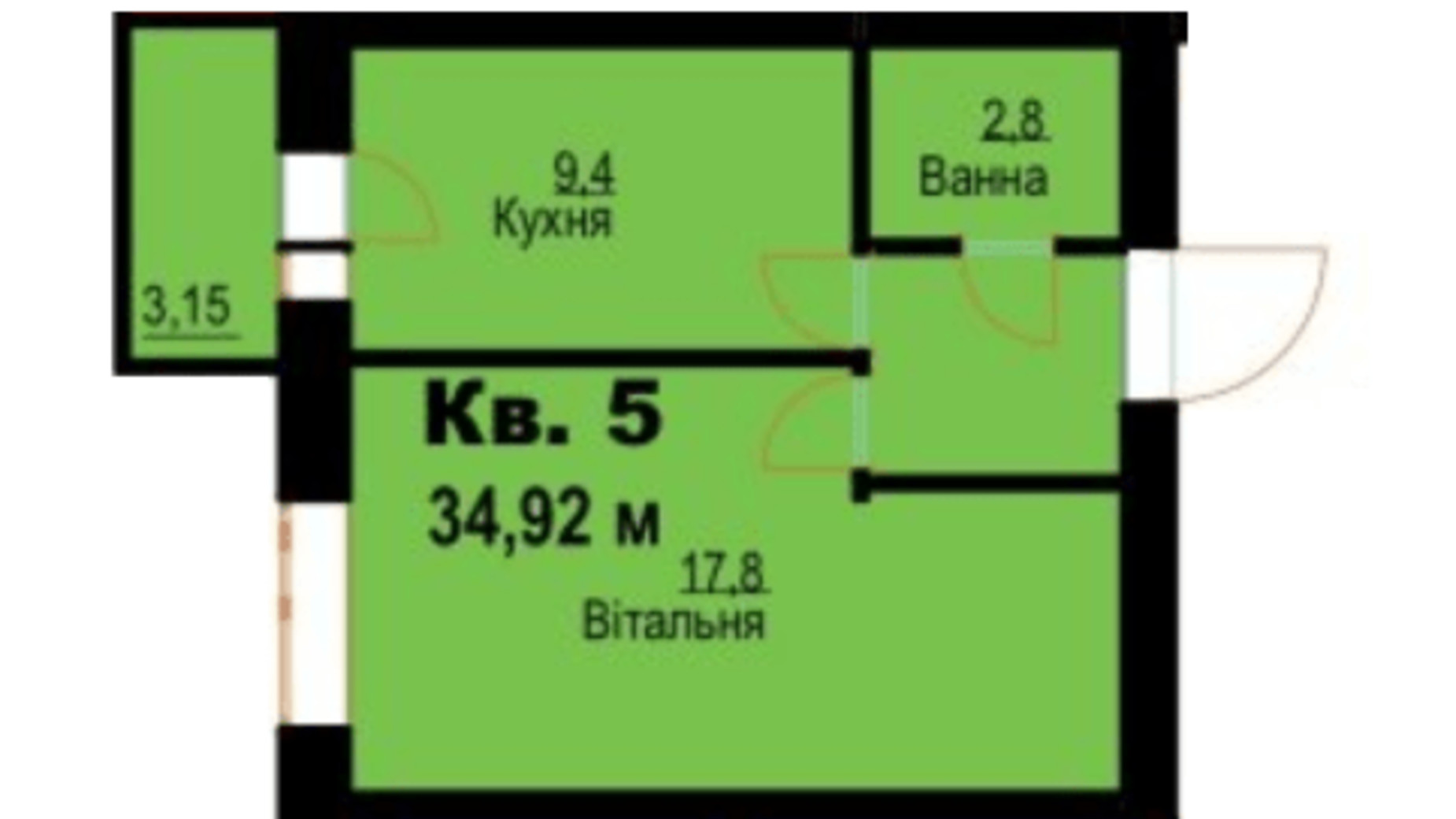 Планування 1-кімнатної квартири в ЖК вул. Молодіжна, 26 34.92 м², фото 357009