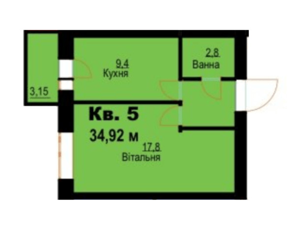 ЖК ул. Молодежная, 26: планировка 1-комнатной квартиры 34.92 м²