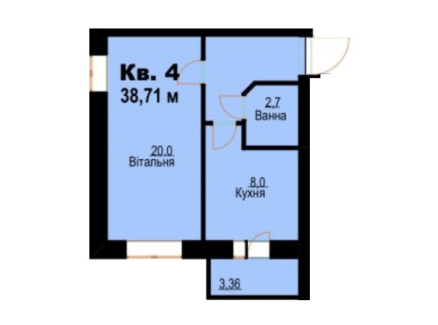 ЖК вул. Молодіжна, 26: планування 1-кімнатної квартири 38.71 м²