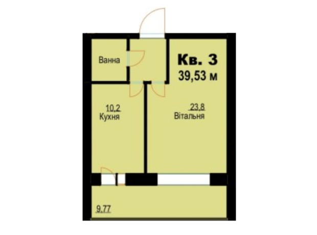 ЖК ул. Молодежная, 26: планировка 1-комнатной квартиры 39.53 м²