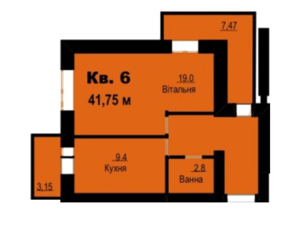 ЖК вул. Молодіжна, 26: планування 1-кімнатної квартири 41.75 м²