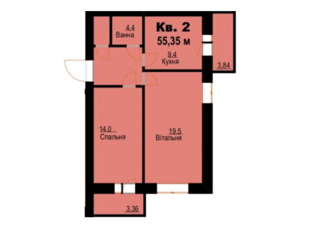 ЖК вул. Молодіжна, 26: планування 2-кімнатної квартири 55.35 м²