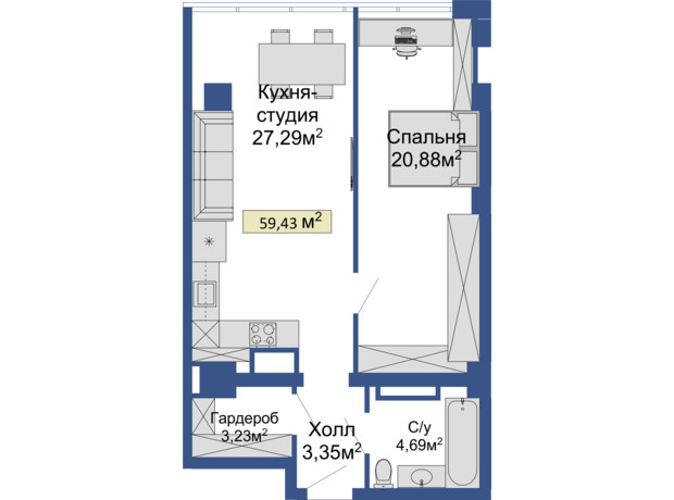 ЖК Колумб: планування 1-кімнатної квартири 59.43 м²