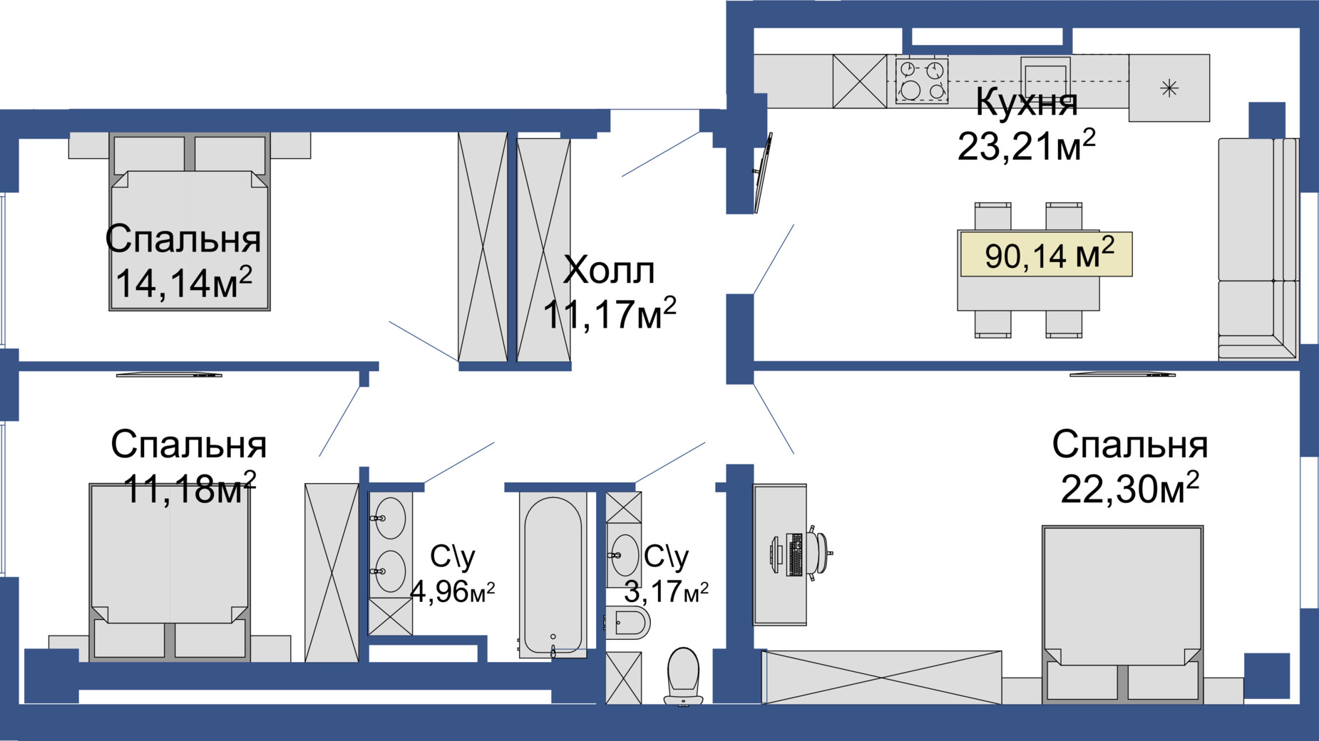 Планування 3-кімнатної квартири в ЖК Колумб 90.14 м², фото 357120