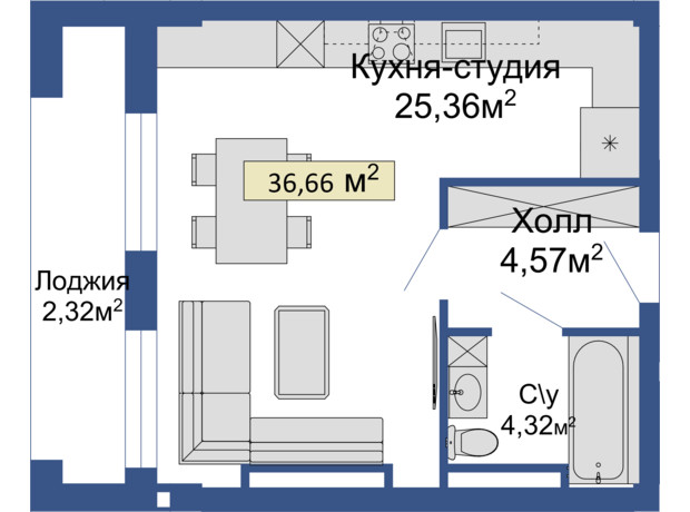 ЖК Колумб: планування 1-кімнатної квартири 36.66 м²