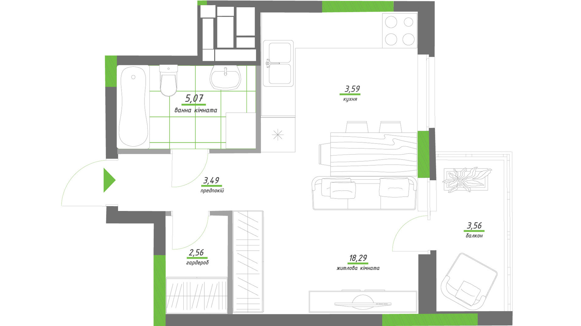 Планировка 1-комнатной квартиры в ЖК Нивки-Парк 36.56 м², фото 357476