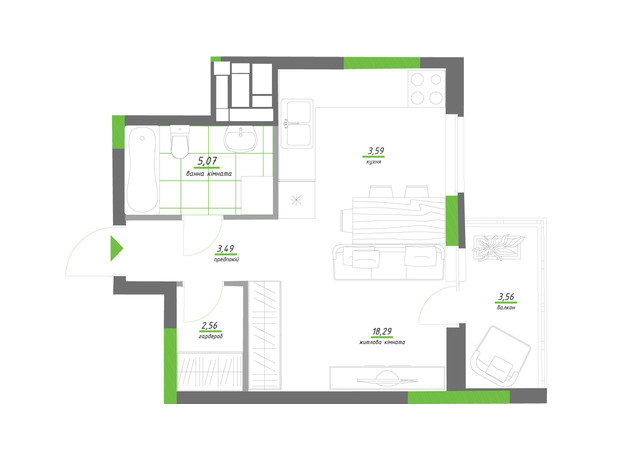 ЖК Нивки-Парк: планування 1-кімнатної квартири 36.56 м²