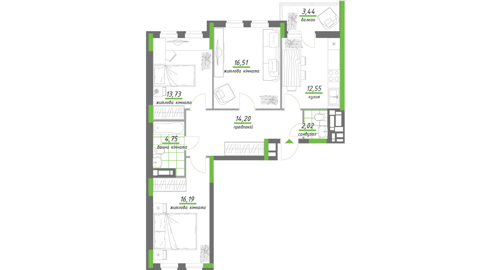 Планування 3-кімнатної квартири в ЖК Нивки-Парк 83.39 м², фото 357477