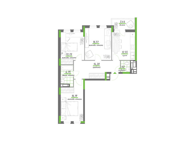 ЖК Нивки-Парк: планировка 3-комнатной квартиры 83.39 м²