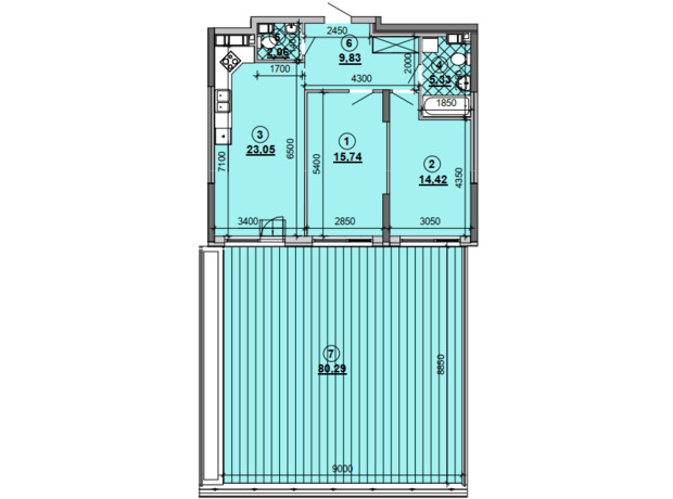 ЖК Great: планировка 2-комнатной квартиры 94.3 м²