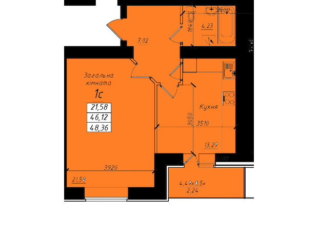ЖК ул. Никитченко, 3: планировка 1-комнатной квартиры 48.36 м²