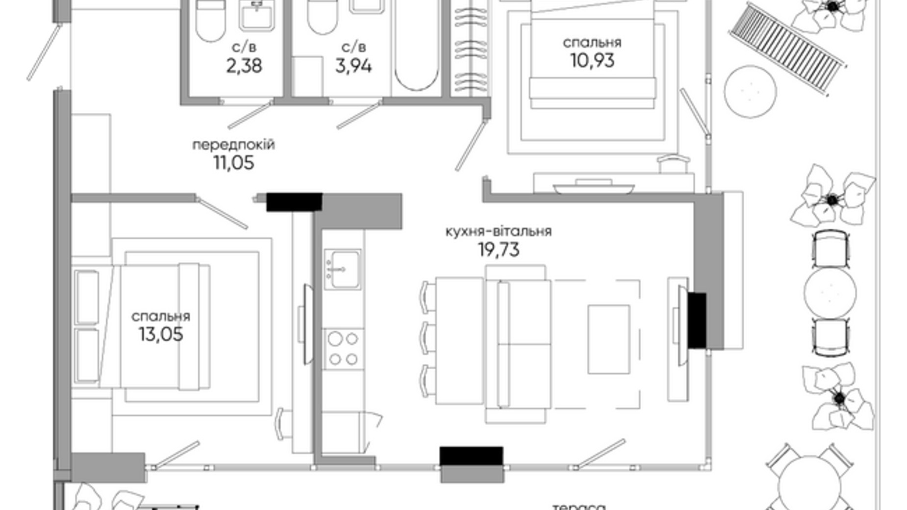 Планировка 2-комнатной квартиры в ЖК Park Lake City Aqua 69.83 м², фото 357914