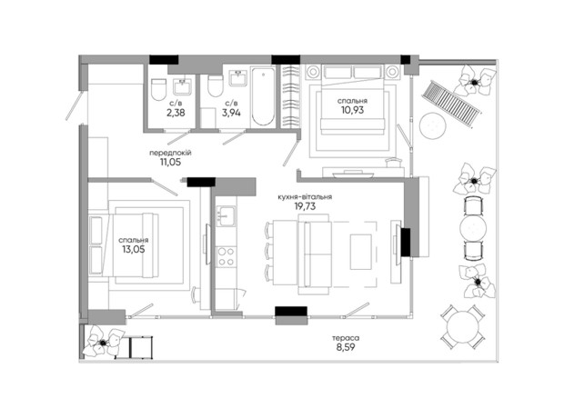 ЖК Park Lake City Aqua: планировка 2-комнатной квартиры 69.83 м²