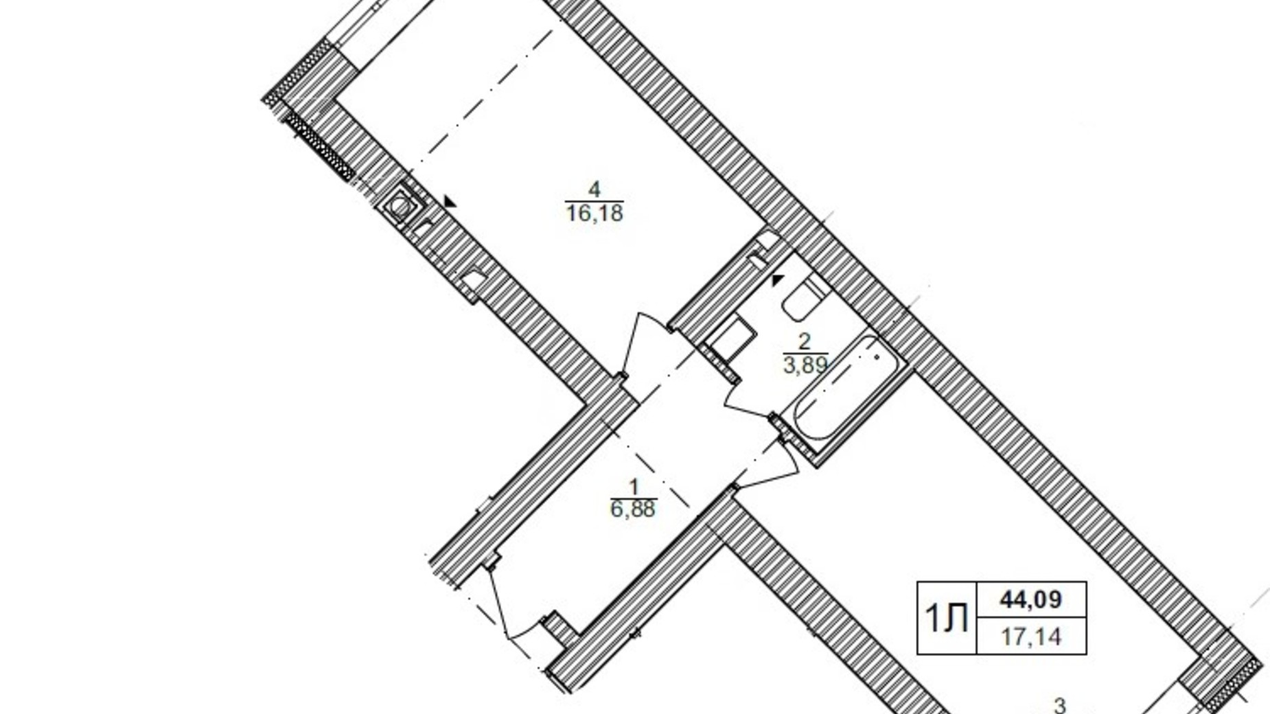 Планування 1-кімнатної квартири в ЖК Синергія Сіті 44.5 м², фото 357953