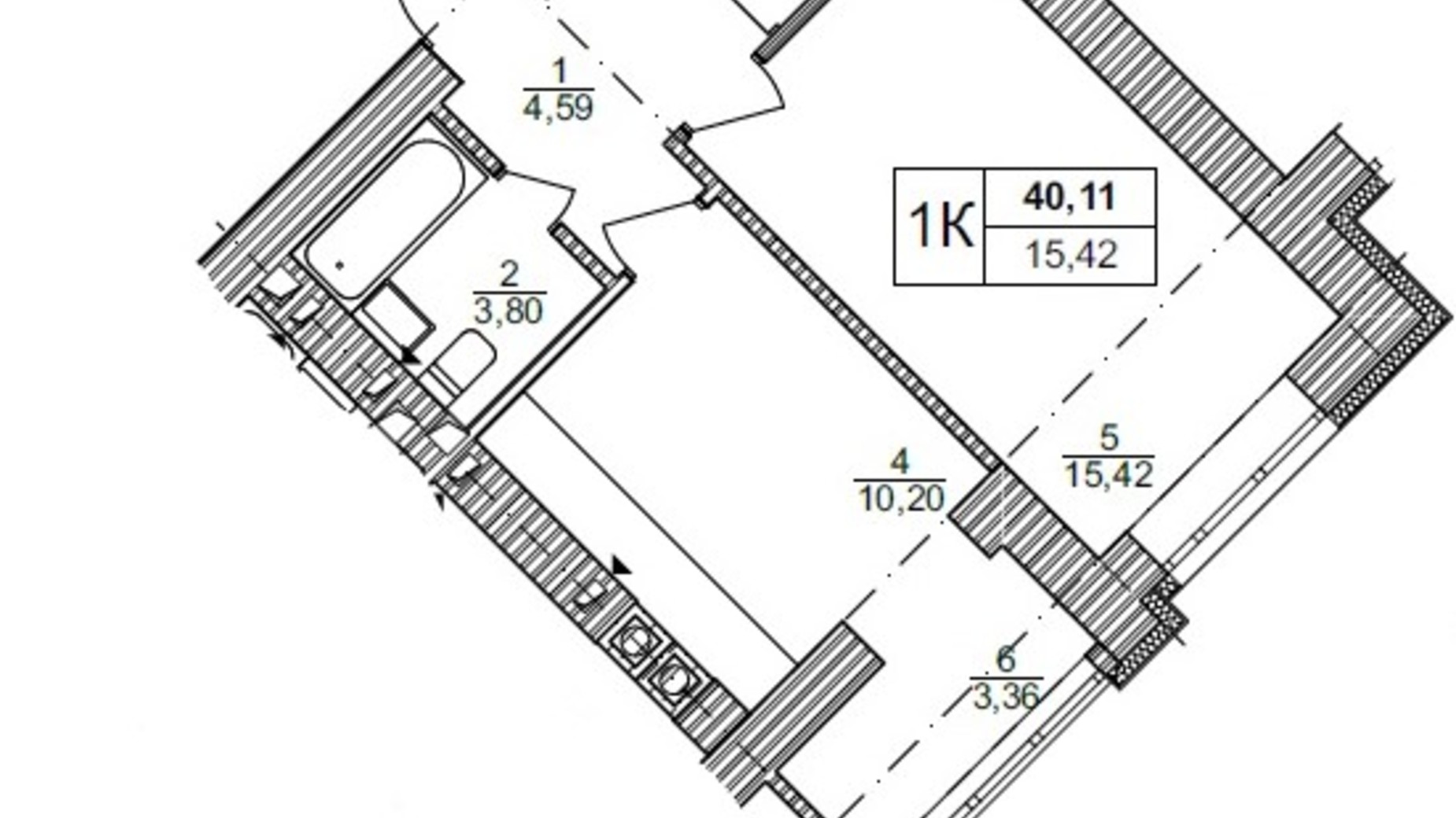 Планування 1-кімнатної квартири в ЖК Синергія Сіті 41.3 м², фото 357954