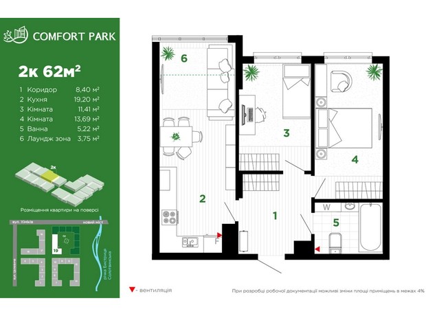 ЖК Comfort Park: планування 2-кімнатної квартири 62 м²