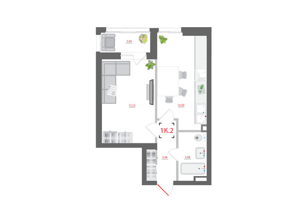 ЖК City Hub: планировка 1-комнатной квартиры 46.63 м²