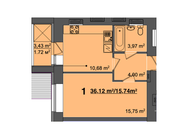 ЖК Світанок: планировка 1-комнатной квартиры 36.12 м²